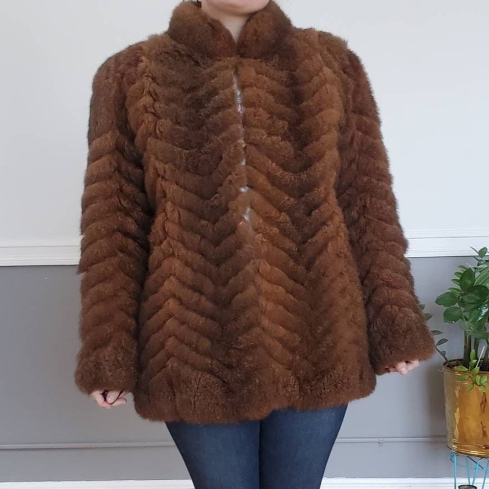 Vtg Brown Chevron Possum Fur Coat